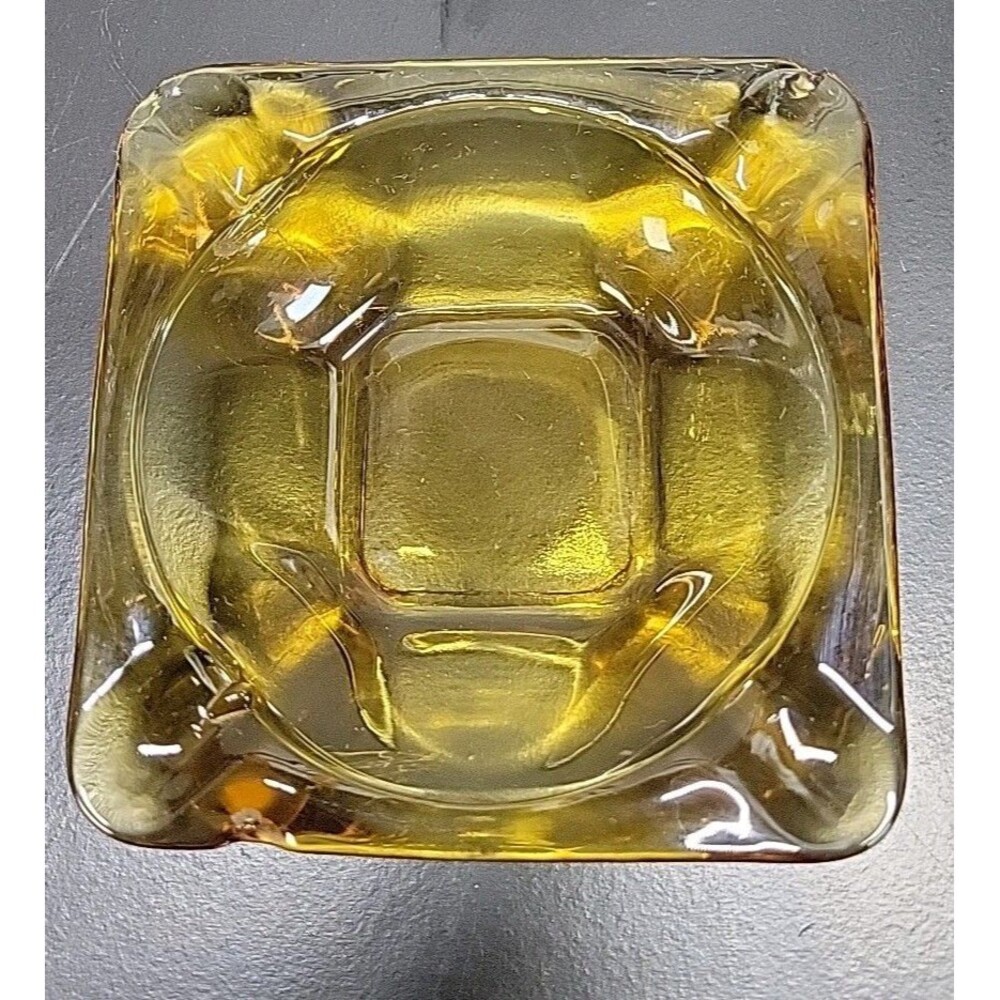 Vintage MCM Amber Glass Cigar Ashtray Square Mid Century Modern Cigarette 4.5”
